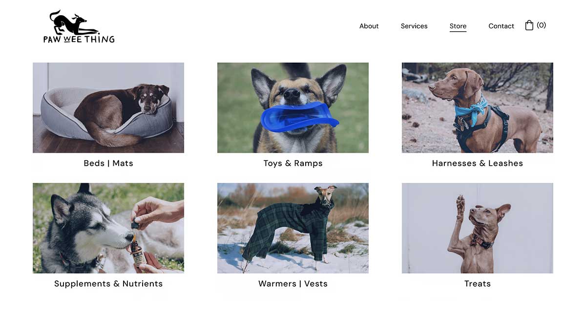 Webpage showing six photos of categories of products for dogs